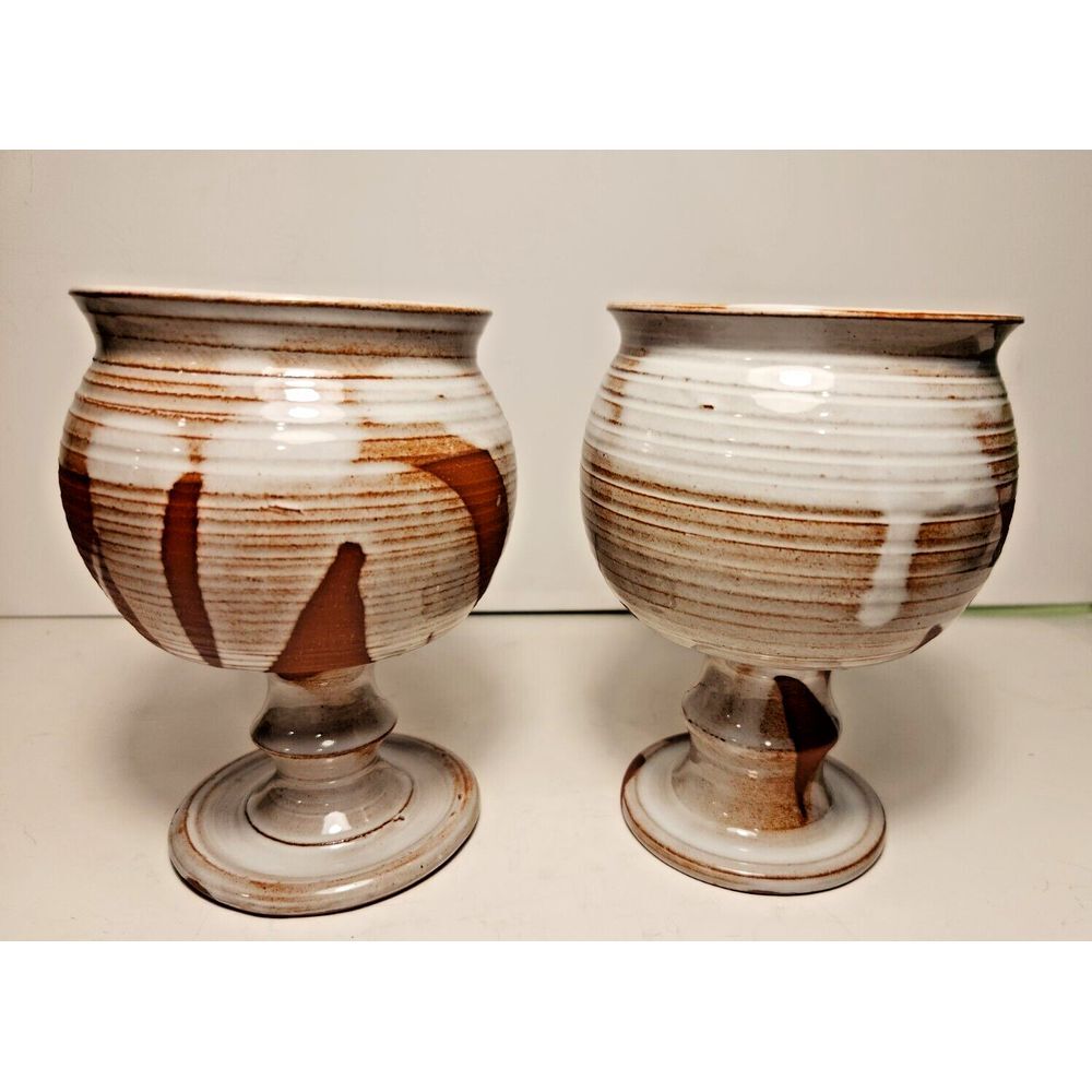 Pair of Clay Studio Art Pottery Hand Painted Wine Goblets Glazed Artist Signed